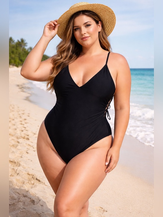 BARE Luxury Other - Classic Black V-Neck One-Piece Swimsuit with Slim Straps